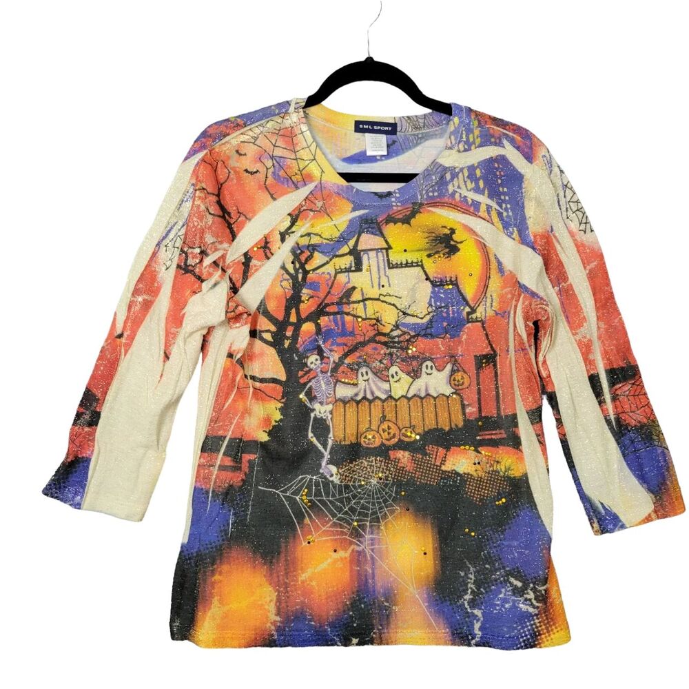 SML SPORT Halloween Skeleton Ghost Rhinestone Bedazzled Top USA SIZE LARGE